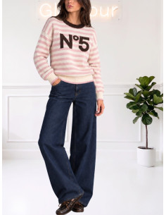 Pullover a Righe con Scritta N°5 Rosa e Moro - Tensione In