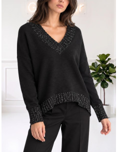 Maglia scollo V paillettes NERO 535310645