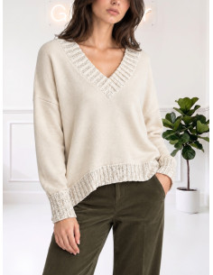 Maglia scollo V paillettes LATTE 535310645