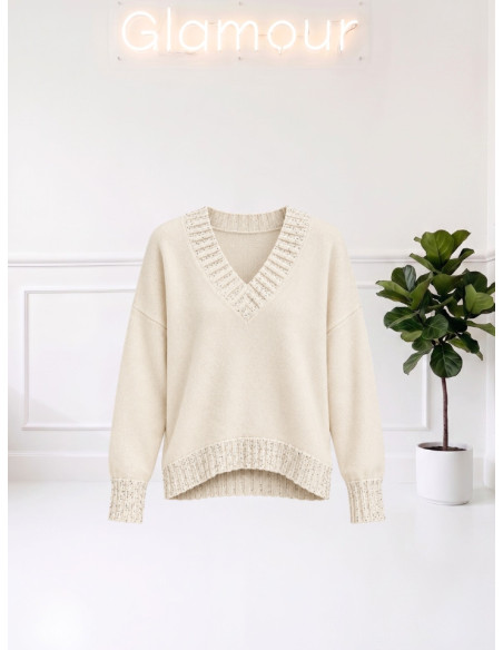 Maglia scollo V paillettes LATTE 535310645