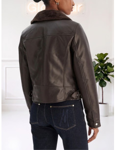 Giacca Biker in Ecopelle con Collo in Ecopelliccia Moro -...
