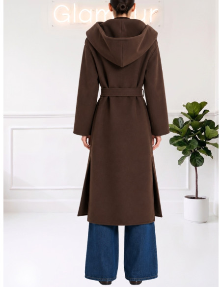 Cappotto Lungo Moro con Cappuccio e Cintura | Motel