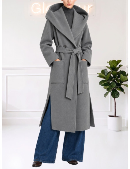 Cappotto Lungo Grigio con Cintura Donna | Motel