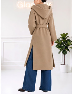Cappotto lungo con cappuccio e cintura CAMMELLO