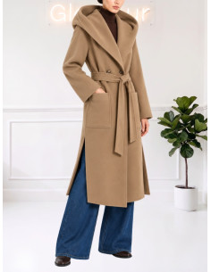 Cappotto lungo con cappuccio e cintura CAMMELLO