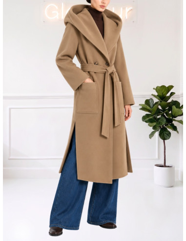 Cappotto Lungo Cammello con Cappuccio e Cintura | Motel