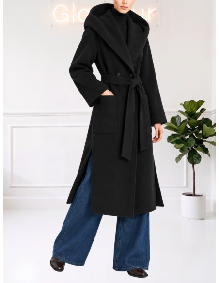 Cappotto Lungo Nero con Cintura Donna | Motel
