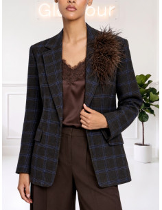 Giacca fantasia check spilla piume