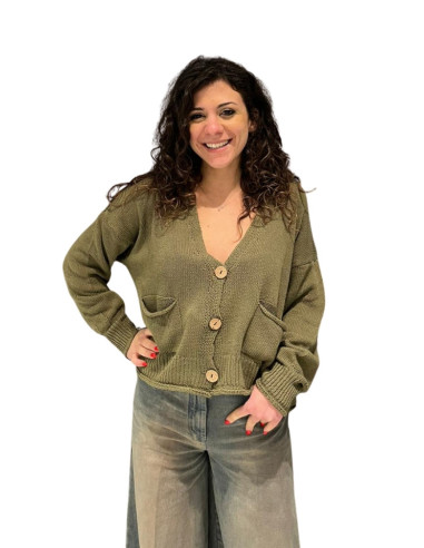 Cardigan Donna Oversize militare con Bottoni in Legno Zahjr