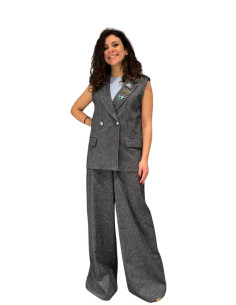Gilet Donna Doppiopetto Effetto Lino con Spille Gioiello...