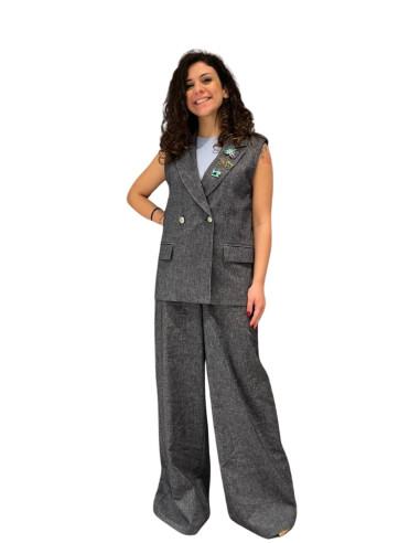 Gilet Donna Doppiopetto Effetto Lino con Spille | Oversize Chic