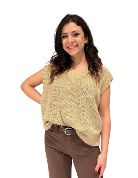 Gilet Donna in Maglia Camel Scollo a V - ZAJHR