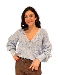 Cardigan Celeste con Bottoni Gioiello e Maniche a Palloncino | ZAHJR