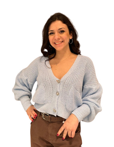 Cardigan cropped celeste con bottoni gioiello Zahjr