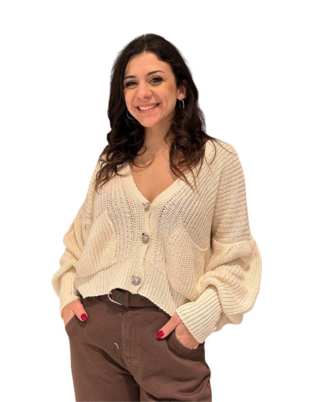 Cardigan cropped latte con bottoni gioiello Zahjr