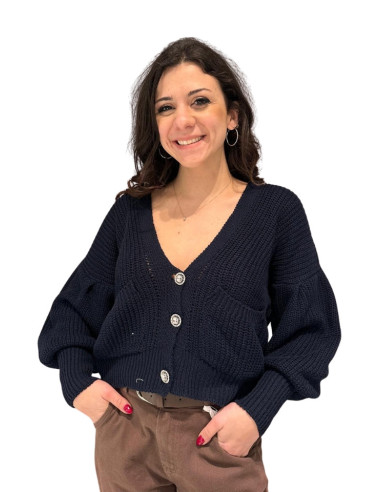 Cardigan cropped blu con bottoni gioiello Zahjr