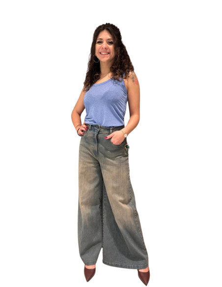 Jeans Palazzo Effetto Sabbiato con Spille Donna