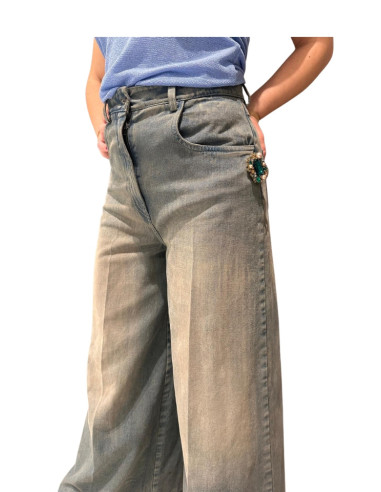 Jeans Palazzo Effetto Sabbiato con Spille Donna