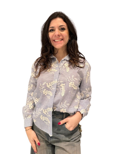 Camicia Gessata Donna con Ricami Floreali | Azzurra Elegante