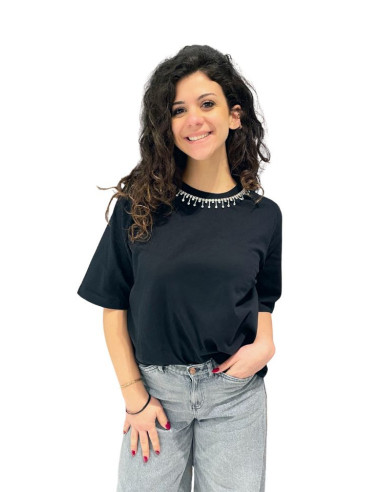 Vero Moda T-shirt Nera VMTOVALO con Cristalli Silver al Collo