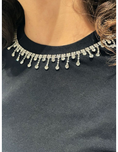 Vero Moda T-shirt Nera VMTOVALO con Cristalli Silver al Collo