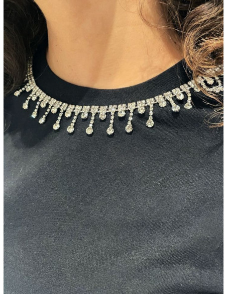 Vero Moda T-shirt Nera VMTOVALO con Cristalli Silver al Collo