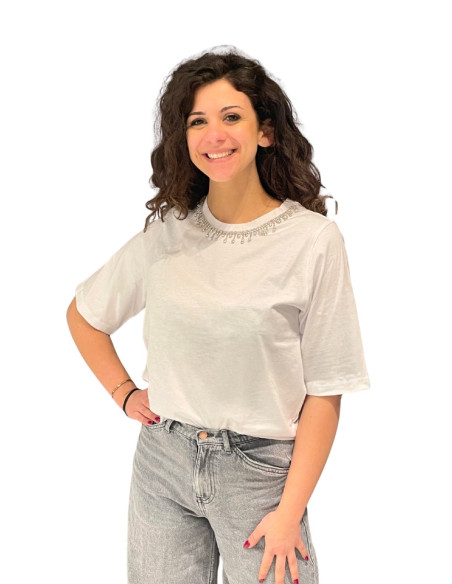 Vero Moda T-shirt VMTOVALO Bianca con Cristalli al Collo