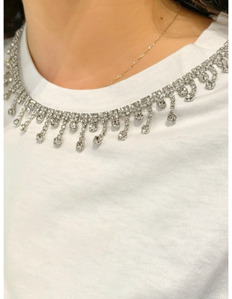 Vero Moda T-shirt VMTOVALO Bianca con Cristalli al Collo