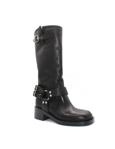Stivale donna in pelle nera con fibbie e anello - Artisti...
