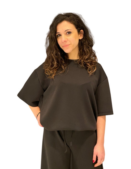 Felpa donna over manica corta nera Zahjr