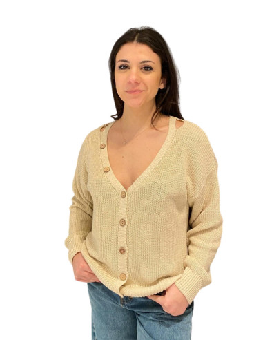Cardigan donna corda cut out con bottoni legno