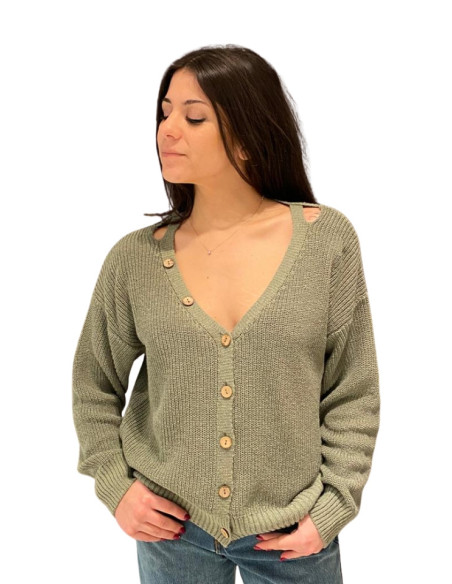 Cardigan donna salvia cut out con bottoni legno