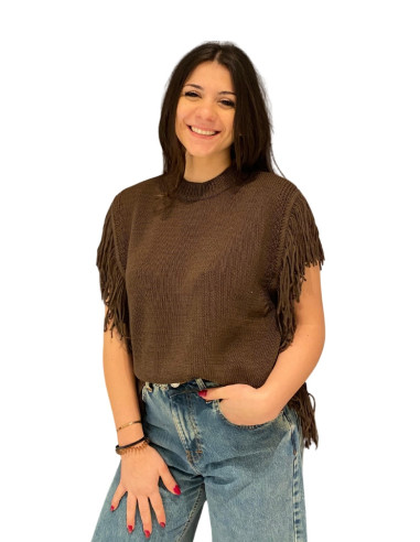 Gilet Beige in Maglia con Frange Marrone King Kong