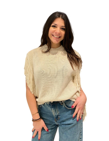 Gilet Beige in Maglia con Frange Burro King Kong