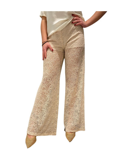 Pantaloni Latte in Pizzo Wide Leg con Paillettes Zahjr