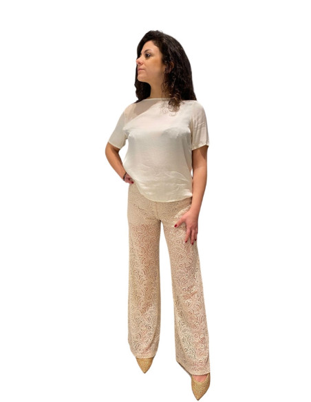 Pantaloni Latte in Pizzo Wide Leg con Paillettes Zahjr
