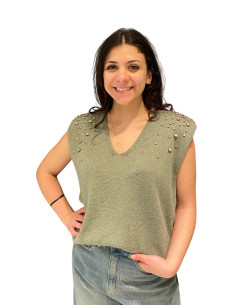 Gilet con Spalline e Applicazioni Strass Color Salvia - Tensione In