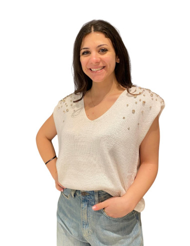 Gilet con Spalline e Applicazioni Strass Color Ecrù - Tensione In