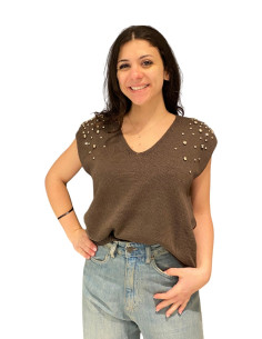 Gilet con Spalline e Applicazioni Strass Color Moro - Tensione In