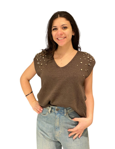 Gilet con Spalline e Applicazioni Strass Color Moro - Tensione In
