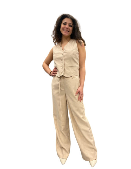 Pantalone wide gessato sabbia donna Vero Moda