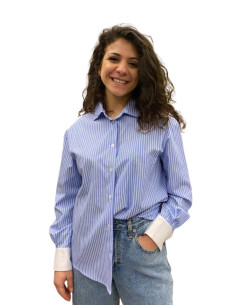 Camicia Celeste Gessata con Polsino Bianco Tensione In