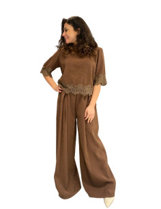 T-shirt corta inserto pizzo TABACCO