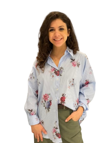 Camicia Rigata Celeste con Fiori Motel