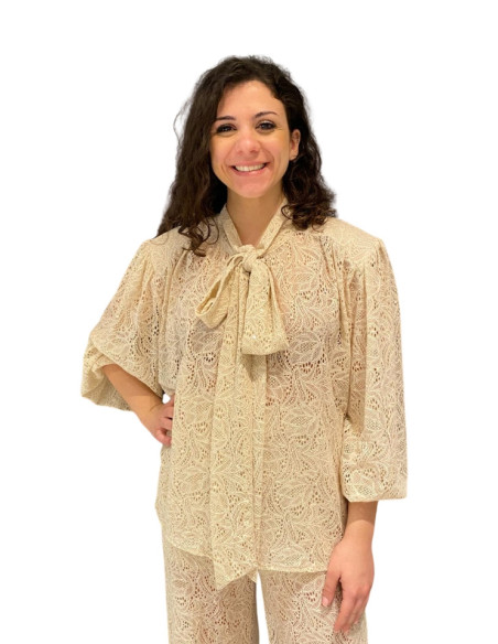 Camicia in Merletto Beige con Fiocco Motel
