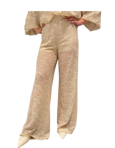 Pantapalazzo pizzo beige donna elegante gamba ampia