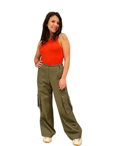 Pantalone cargo verde militare donna largo con tasche