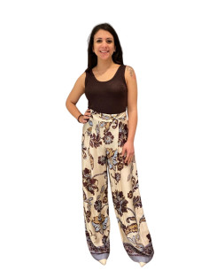 PANTAPALAZZO DONNA FIORATO PANNA GAMBA AMPIA ELEGANTE