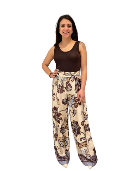 Pantapalazzo fiorato donna panna elegante gamba ampia
