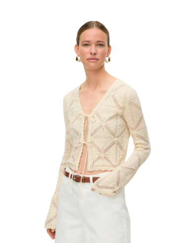 Cardigan donna operato panna con laccetti Vero Moda